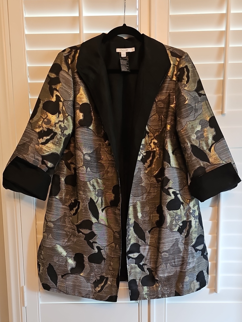 Chico's Metallic Gold and Black Floral Brocade Jacket